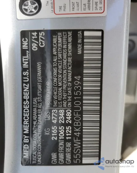 2015 Mercedes-Benz C 300 4Matic из США, поврежденный, VIN 55SWF4KB0FU015394